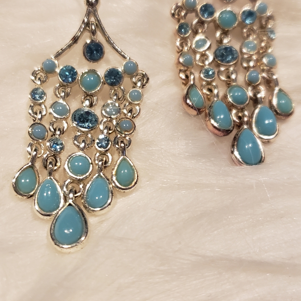 Turquoise stone and rhinestone chandelier earrings - Picture 4 of 4